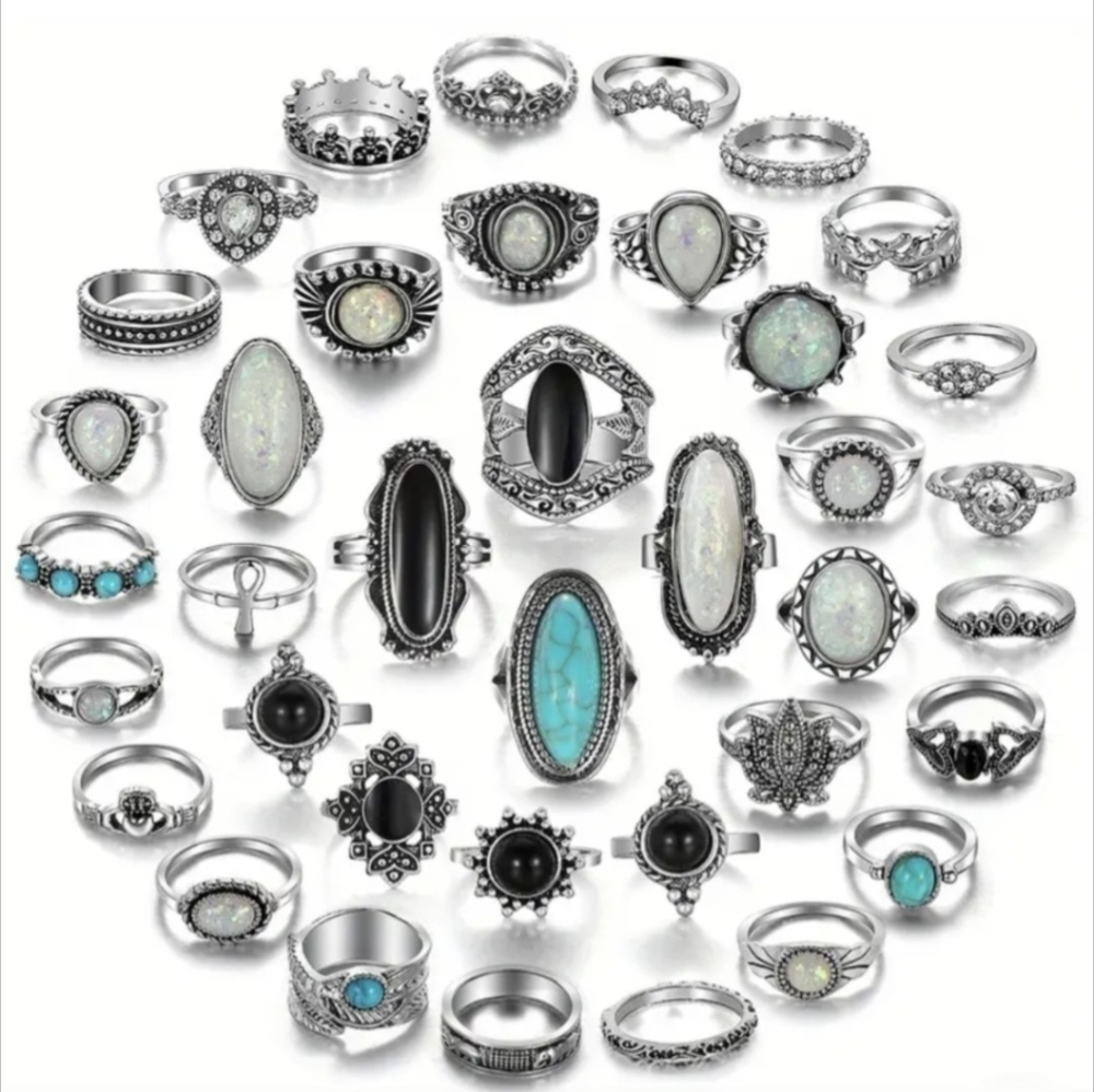 20 Pc Rings Bohemian Hippie stacking rings Boho Jewelry Blue Black Silver - Picture 5 of 7